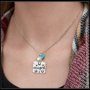 New Silver Ear Tag Milk Bottle Tin Western Boho Turquoise Charm Cowgirl Necklace